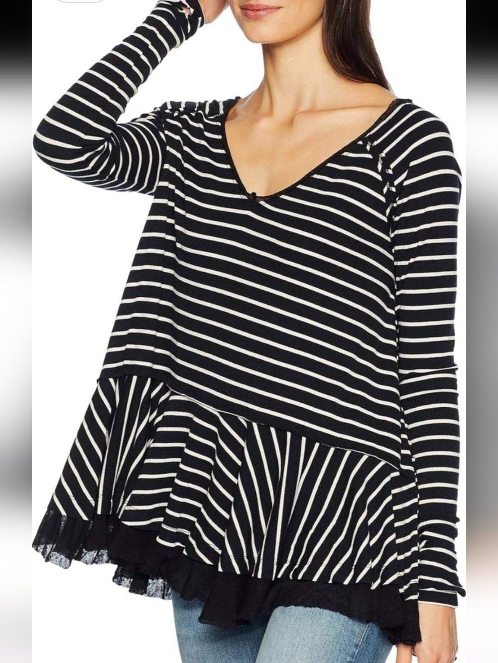 We the Free Black & White Stripe Ruffle Hem Tunic Long Sleeve Top, Size M